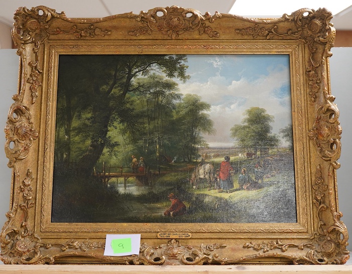 Henry and William Shayer (1825-1894 and 1826-1914), Figures with a donkey near a bridge, signed, oil on canvas, 26 x 37cm